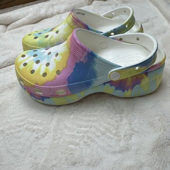 CROCS Classic Platform  Clogs Shoes Tie Dye US Womens Sz 10 Slip On Bright EUC - Picture 1 of 4